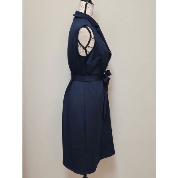 💙 EN FOCUS STUDIO Sleeveless Belted Moto Sheath Navy Blue Dress SIZE 8 - Picture 3 of 10
